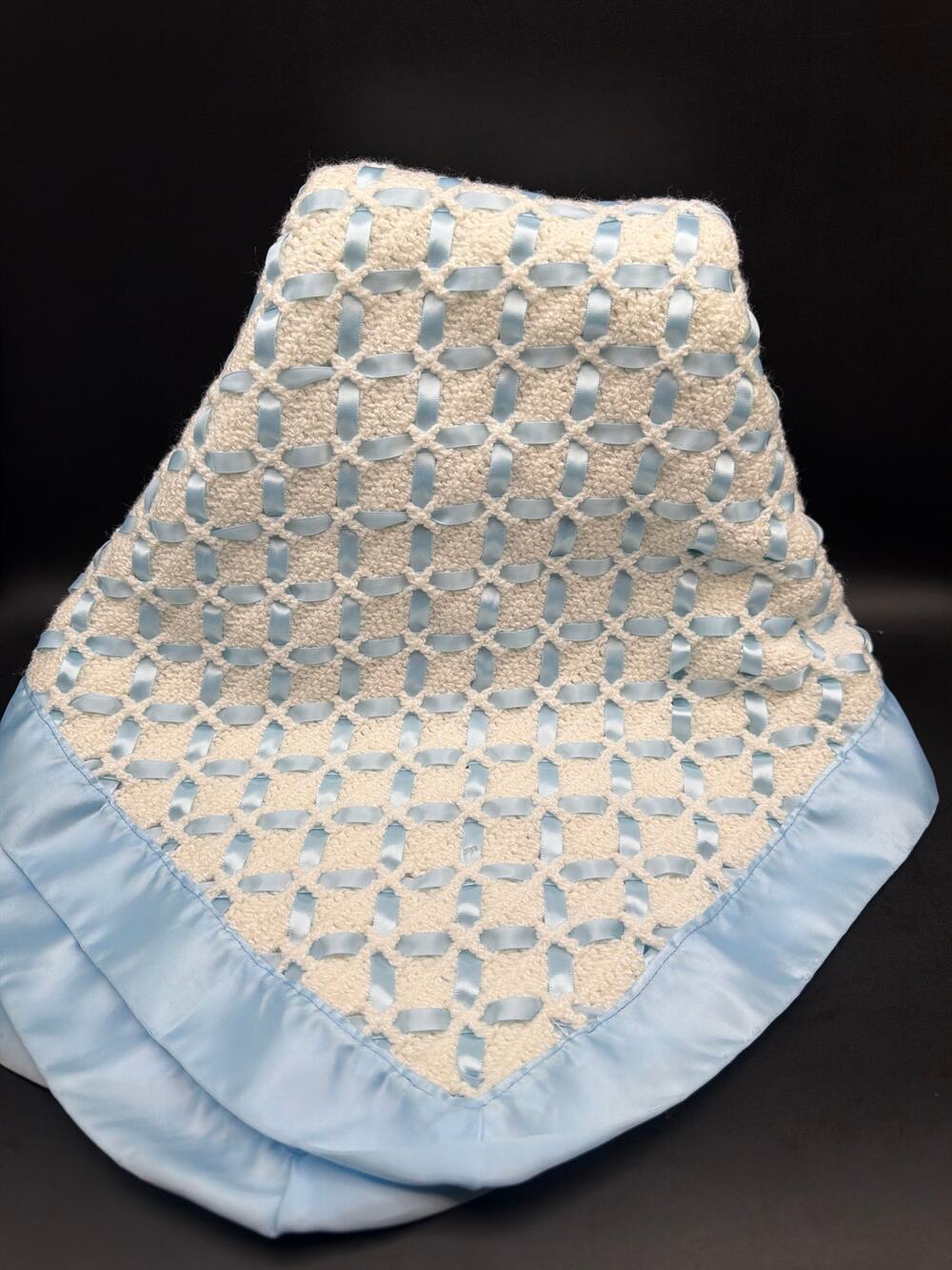 Handmade Crochet Baby Blanket 44x44 Ivory Blue Satin Ribbon Christening Afghan